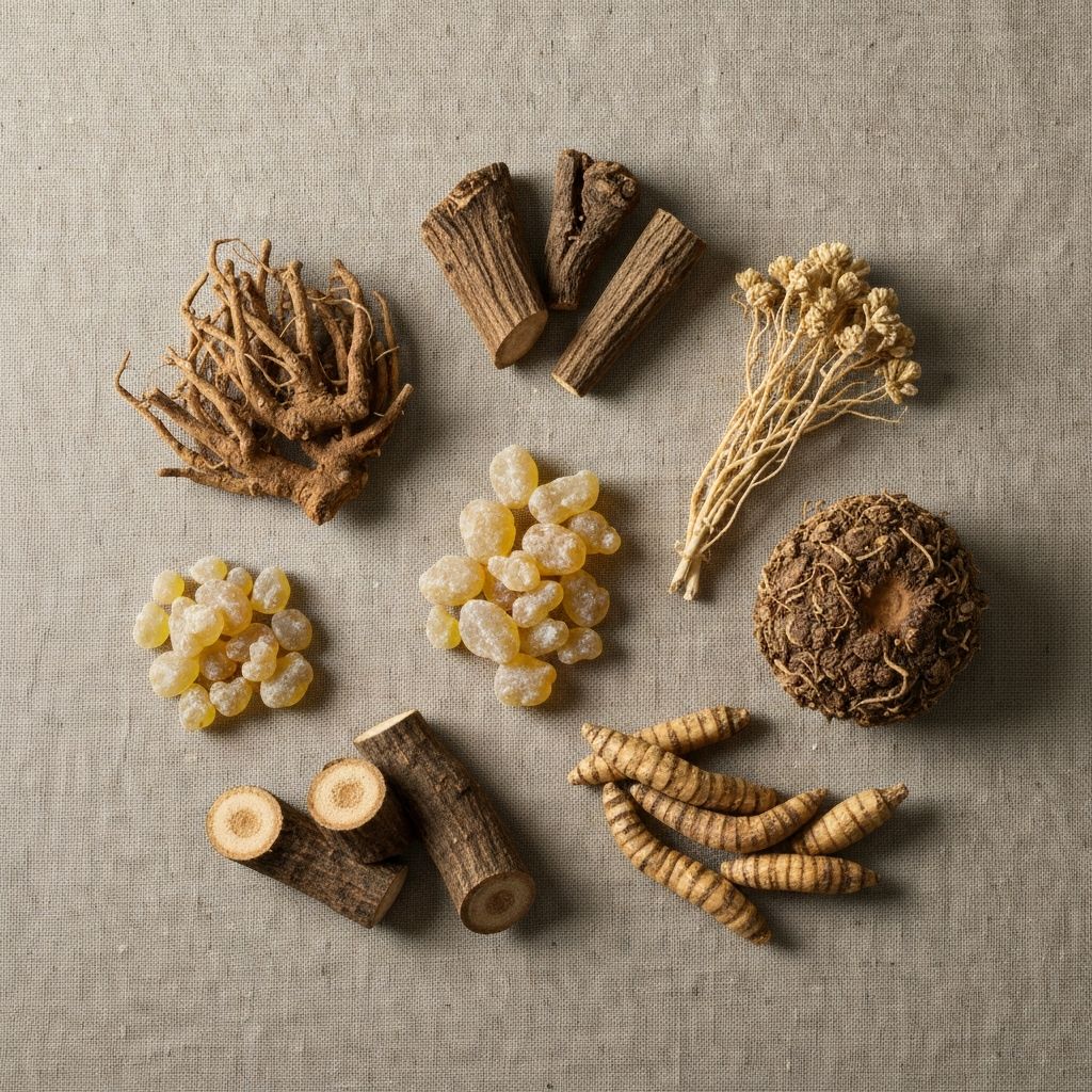 assorted dried plant roots and resins